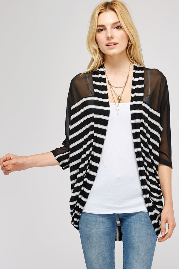 Light And Breezy Black and White Stripe Hi/Low Ballon Wrap Cardigan With Dalgon Sleeve