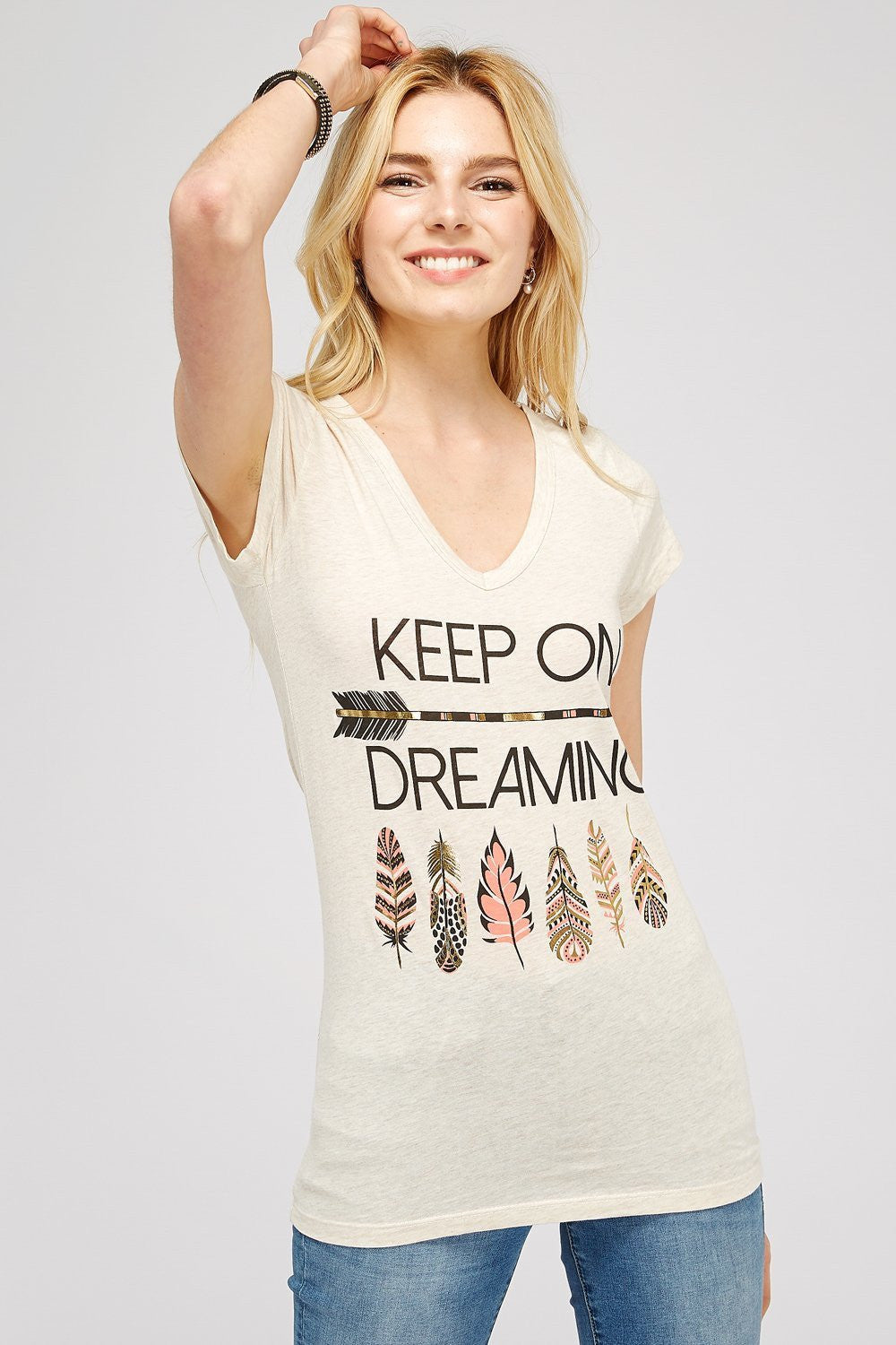 Beige Cotton V-Neck Short Sleeve With Graphic Tee