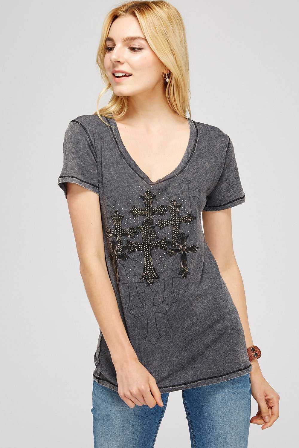 Dark Charcoal V-Neck Short Sleeve/Two Tone Embroidered Cross Design