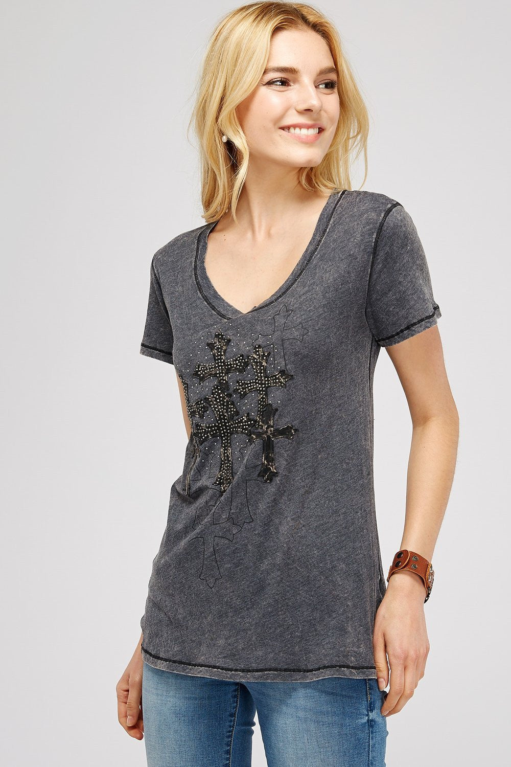 Dark Charcoal V-Neck Short Sleeve/Two Tone Embroidered Cross Design