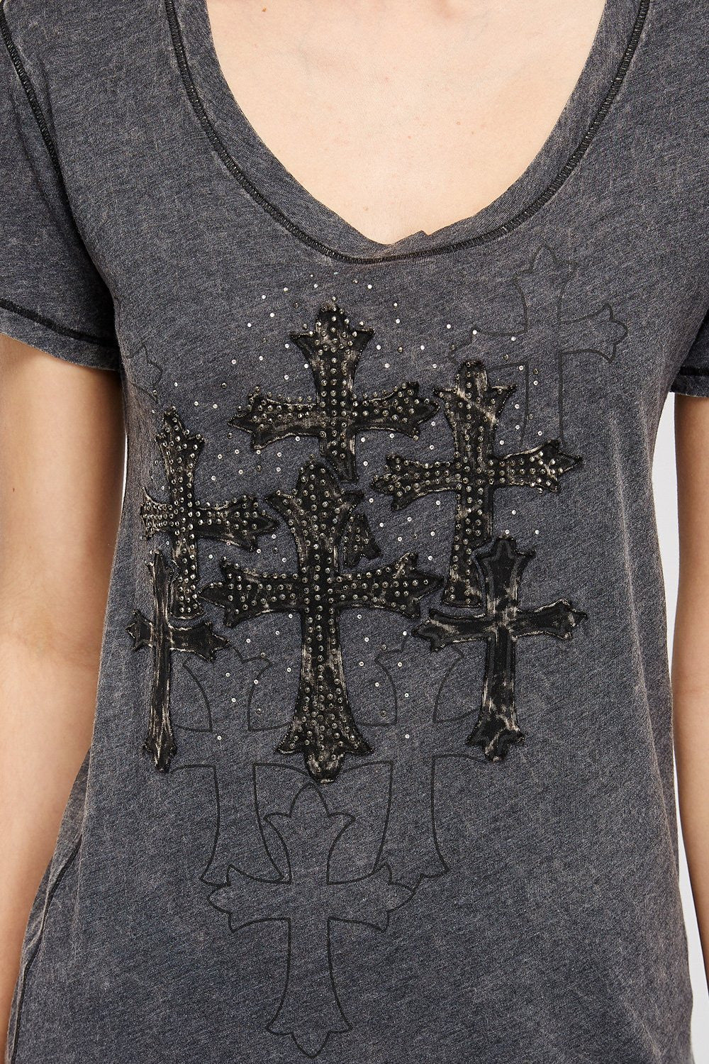 Dark Charcoal V-Neck Short Sleeve/Two Tone Embroidered Cross Design