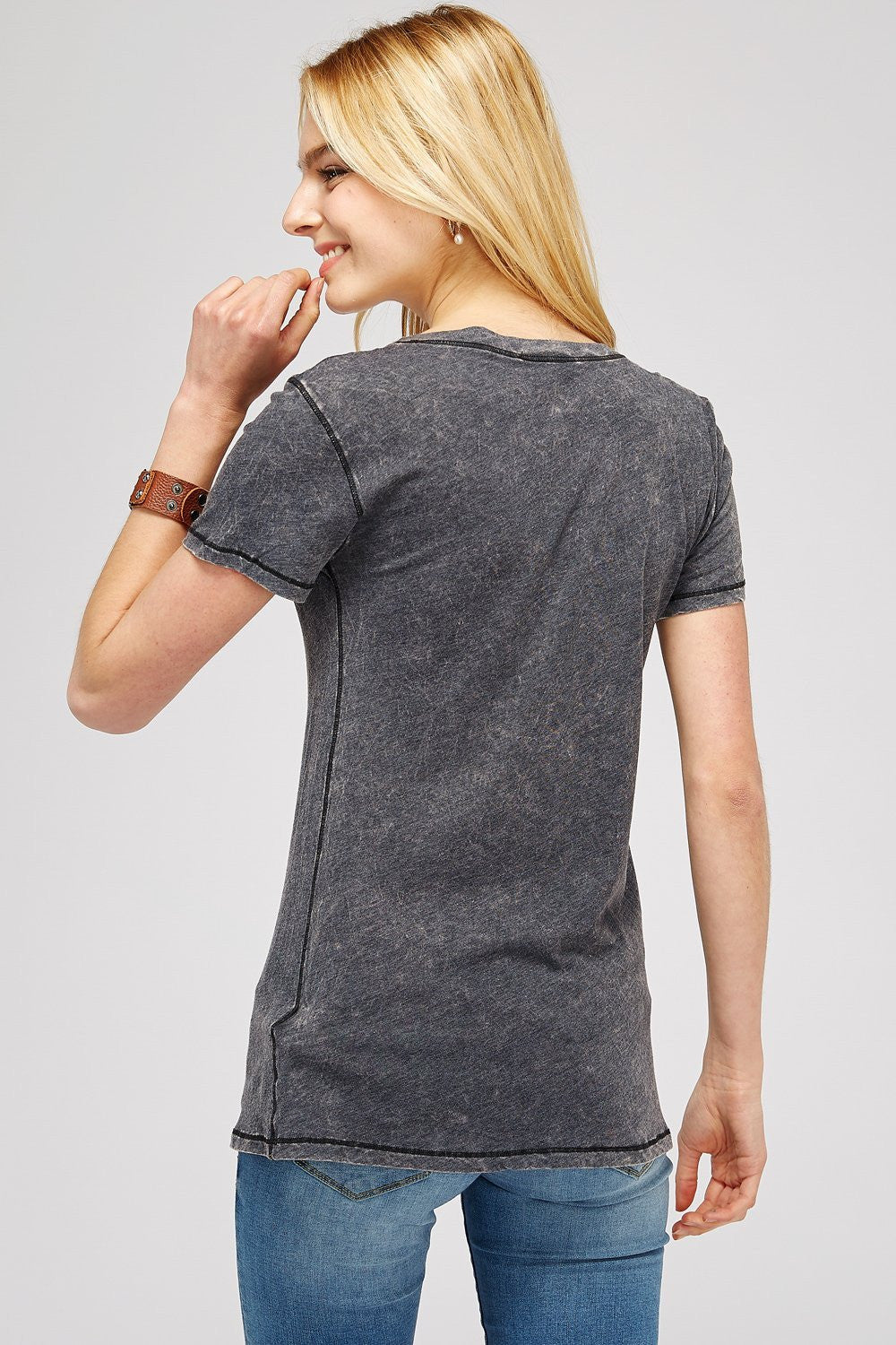 Dark Charcoal V-Neck Short Sleeve/Two Tone Embroidered Cross Design