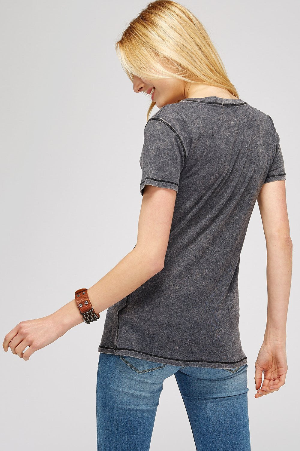 Dark Charcoal V-Neck Short Sleeve/Two Tone Embroidered Cross Design