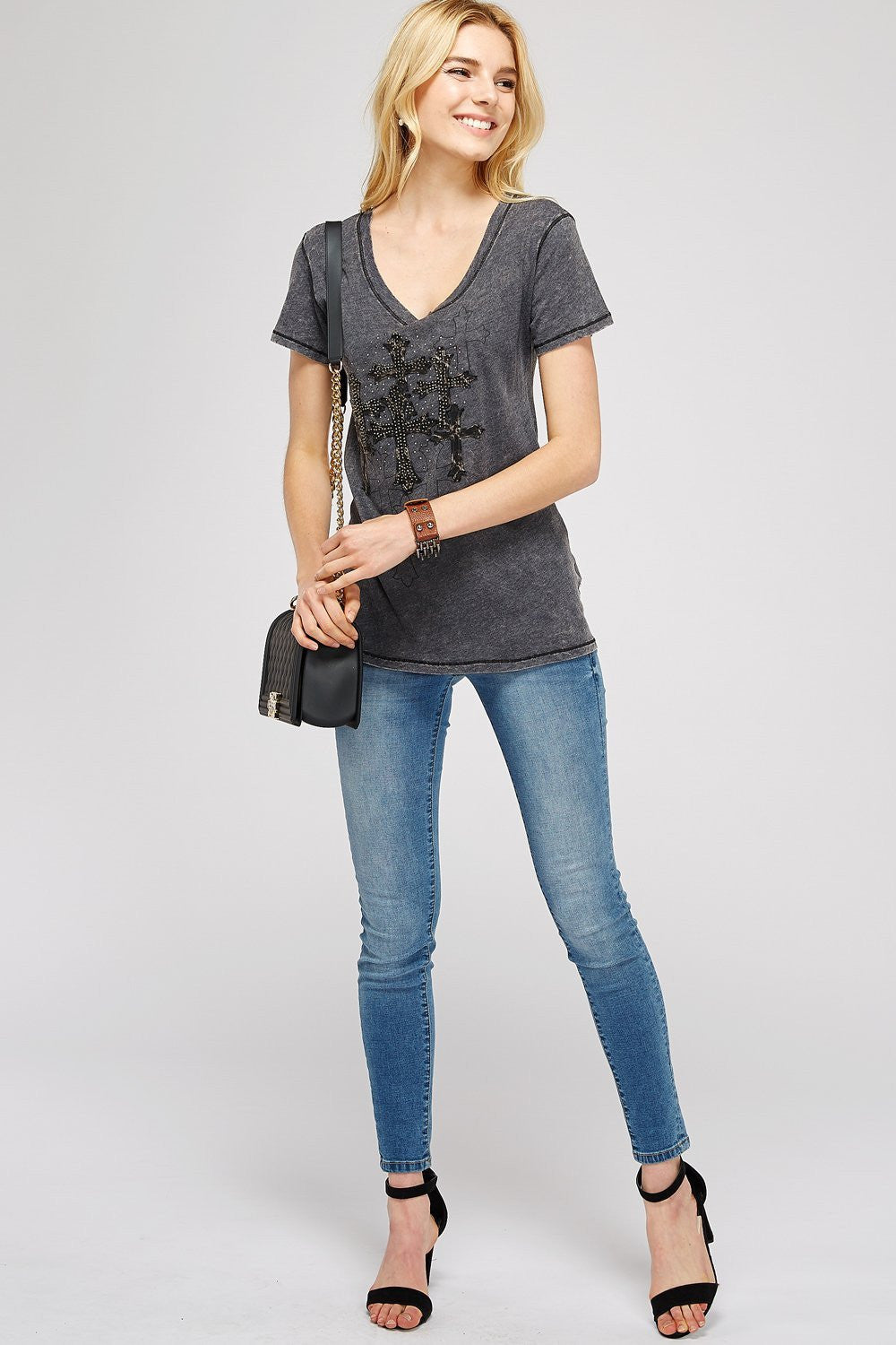 Dark Charcoal V-Neck Short Sleeve/Two Tone Embroidered Cross Design