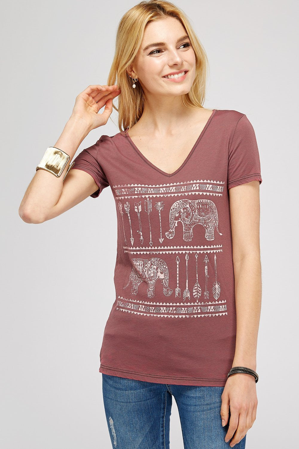 V-Neck Burnout Washed Elephant Arrow With Graphic Pee