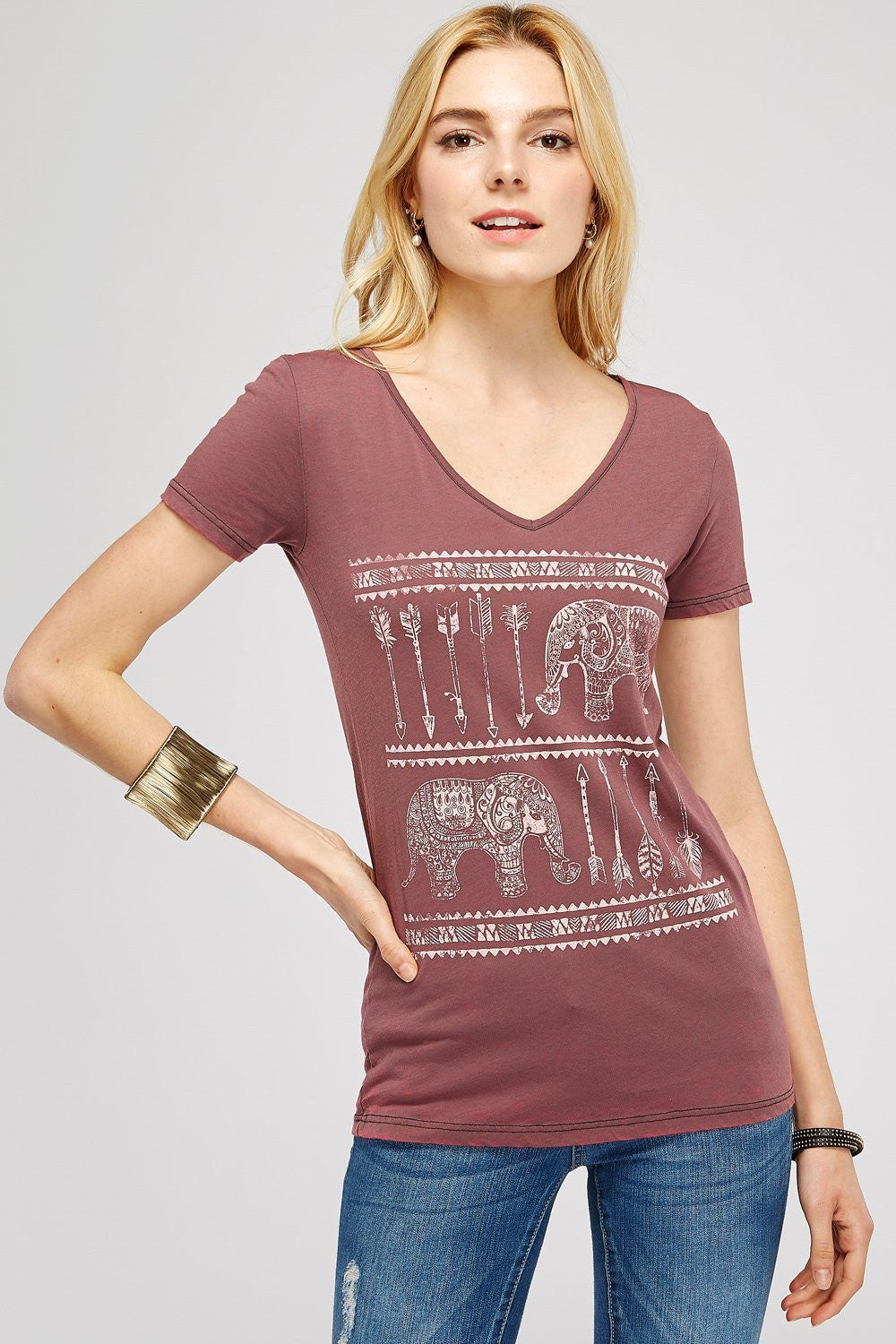 V-Neck Burnout Washed Elephant Arrow With Graphic Pee