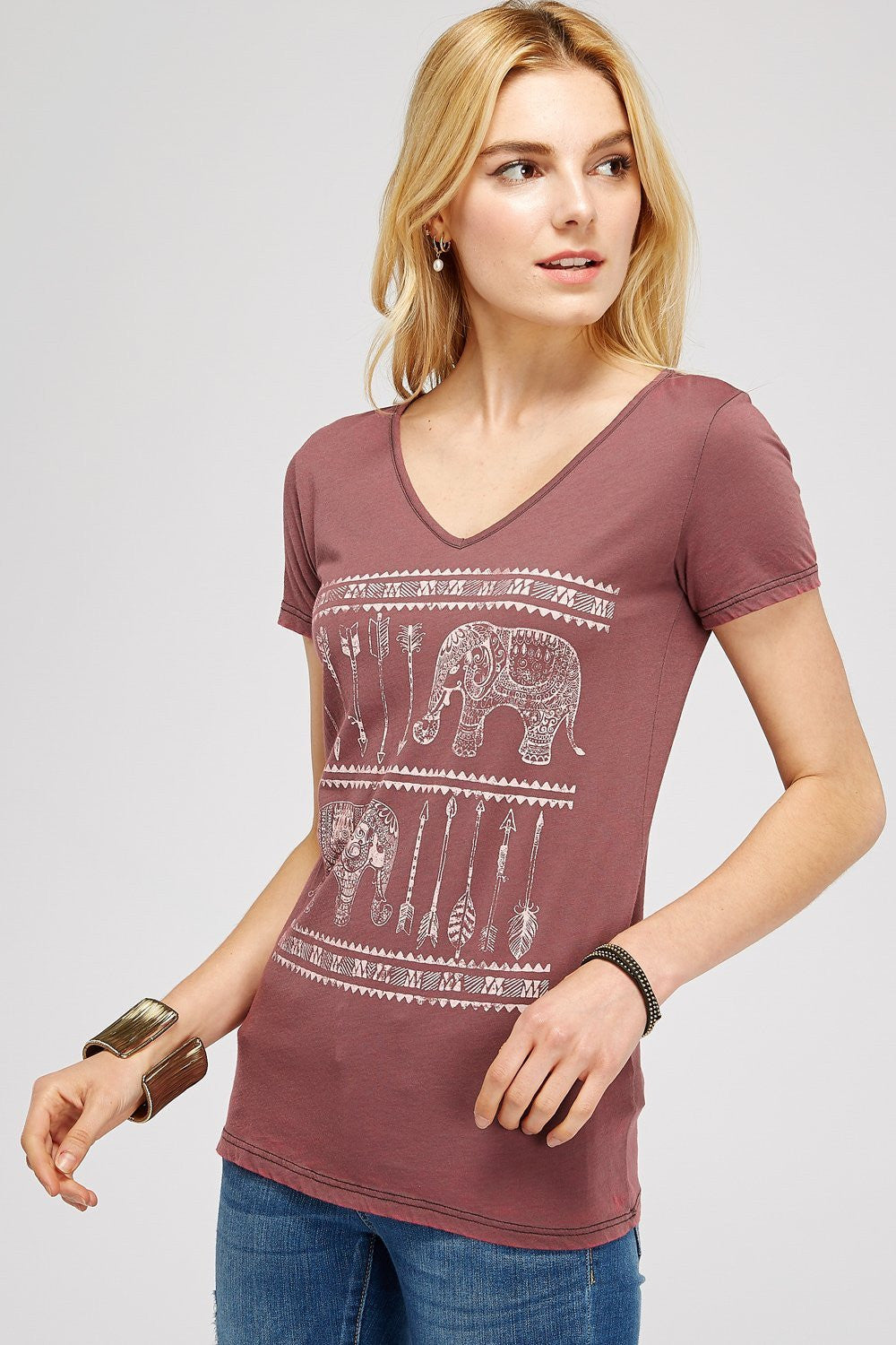 V-Neck Burnout Washed Elephant Arrow With Graphic Pee