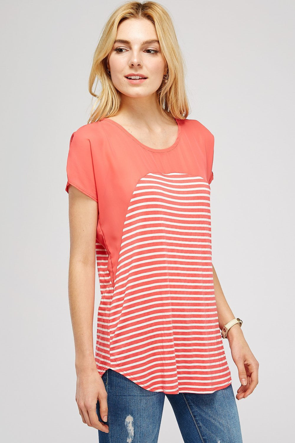 Striped Scoop Neck Short Sleeve Casual Chiffon Top With Upper Mesh Lining