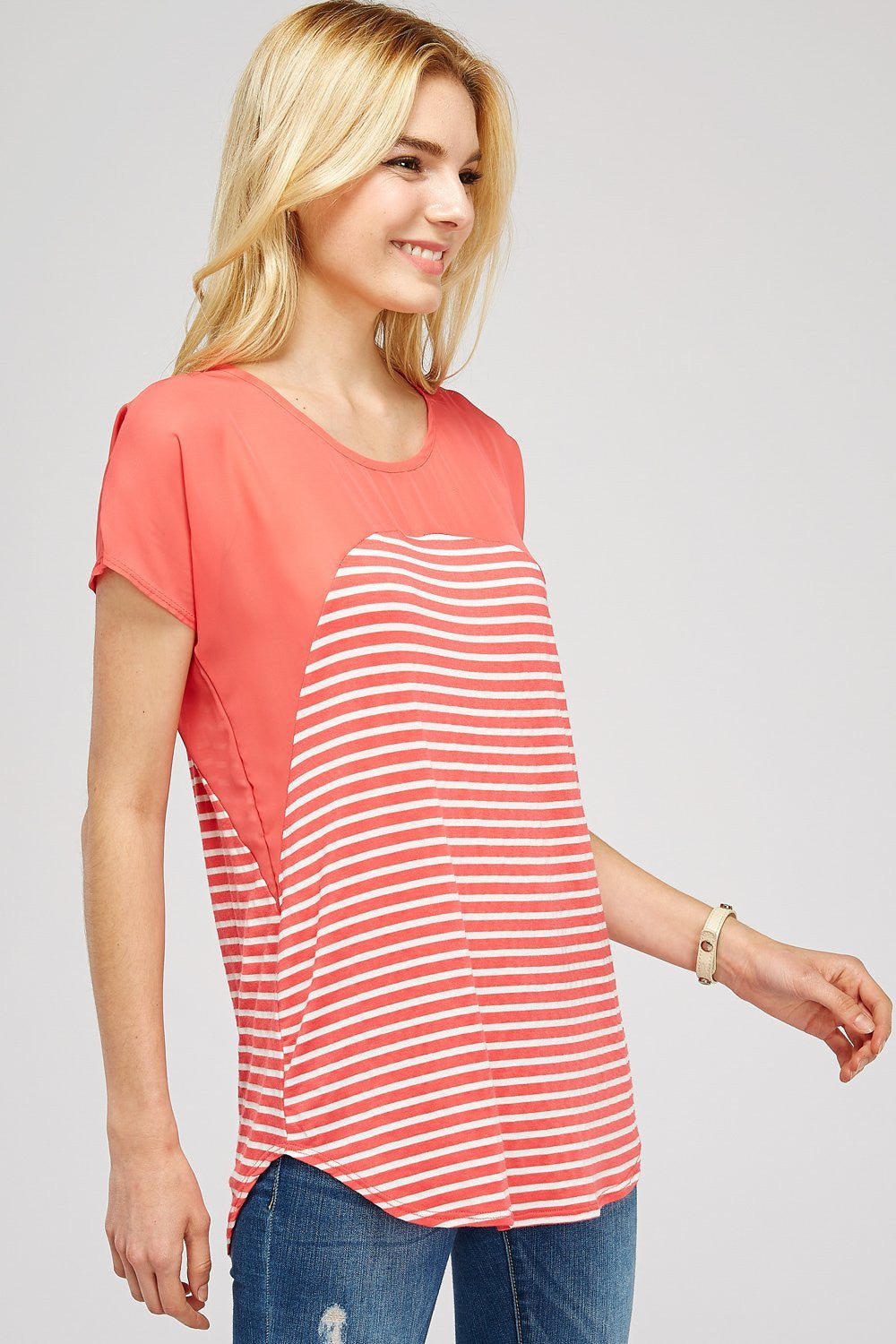 Striped Scoop Neck Short Sleeve Casual Chiffon Top With Upper Mesh Lining