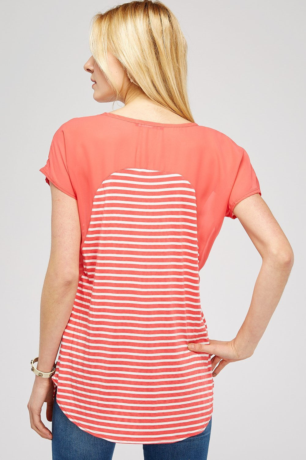 Striped Scoop Neck Short Sleeve Casual Chiffon Top With Upper Mesh Lining