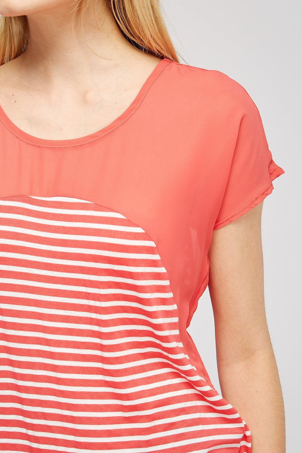 Striped Scoop Neck Short Sleeve Casual Chiffon Top With Upper Mesh Lining