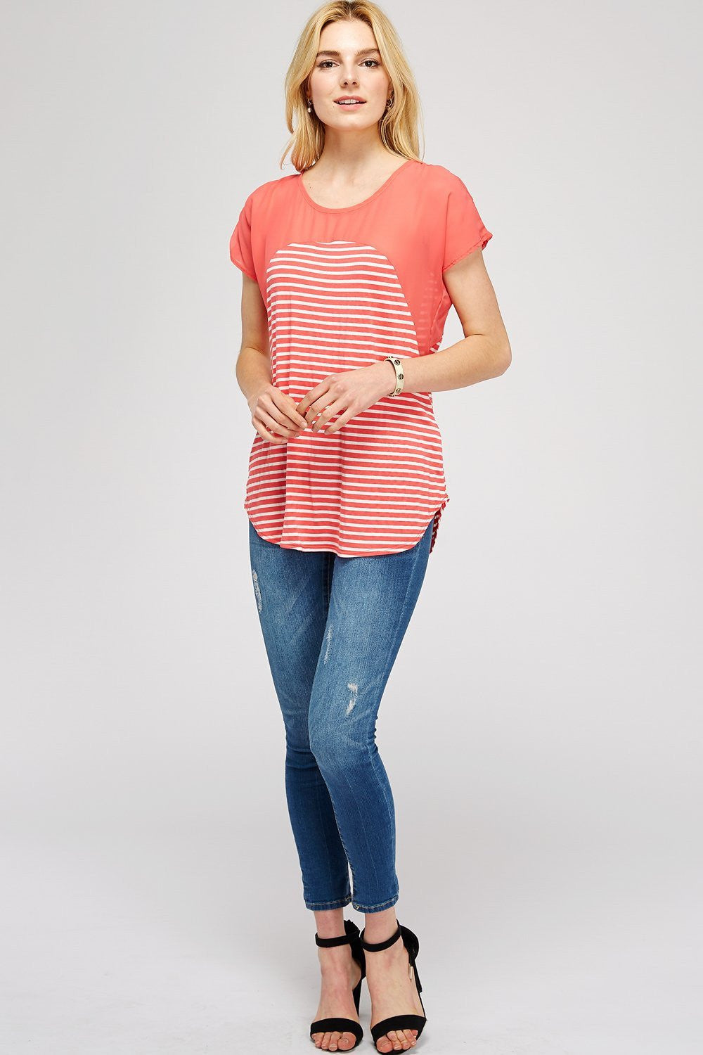 Striped Scoop Neck Short Sleeve Casual Chiffon Top With Upper Mesh Lining