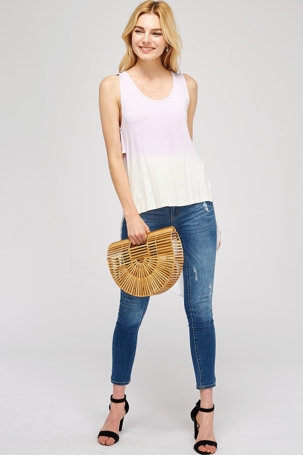 Tunic Tank Tops Soft Solid Sleeveless Round Hi-Low Neck With Sheer Mesh