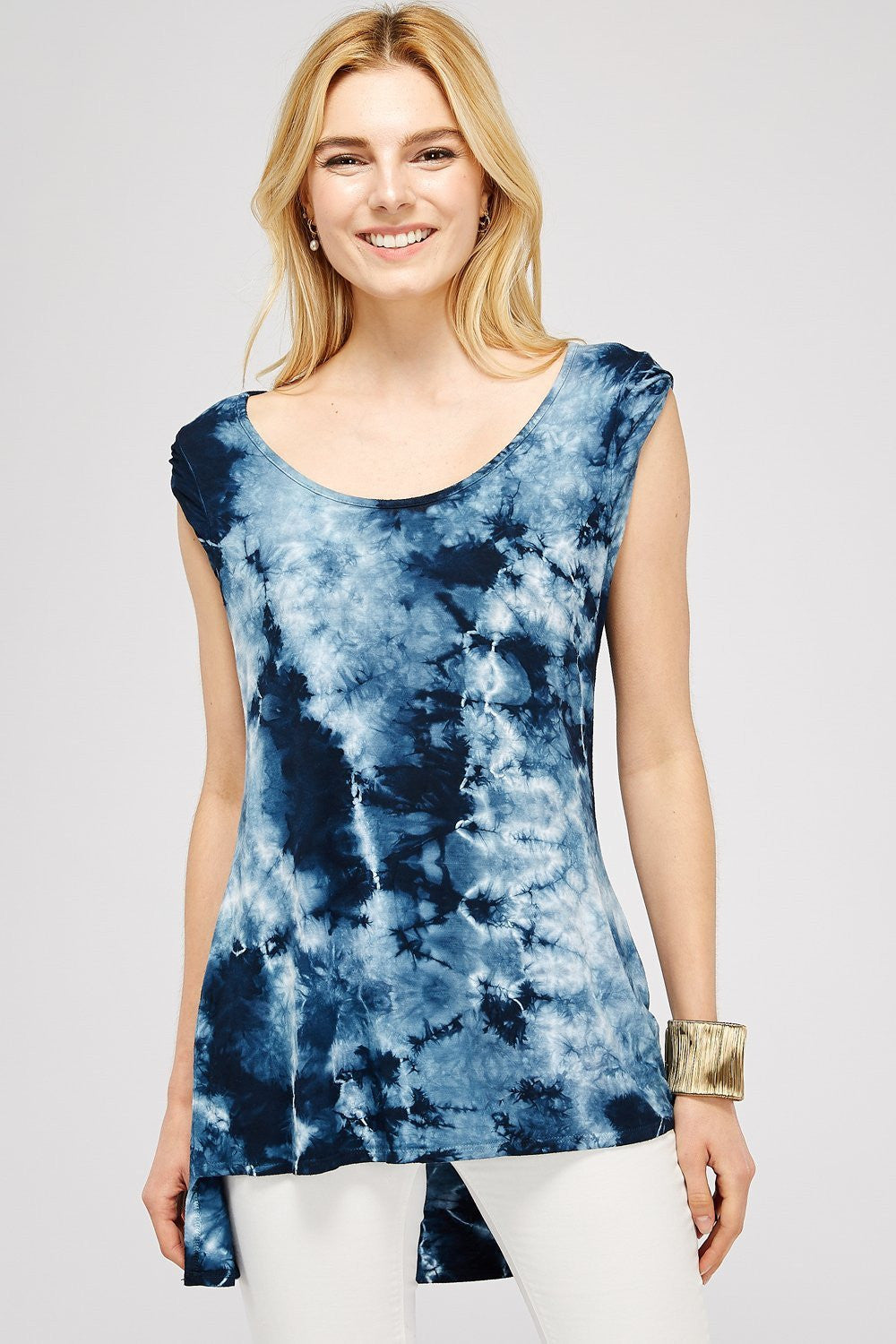 Women's Tunic Tops - Navy & White Crystal Tie Dye Scuffed Sleeve