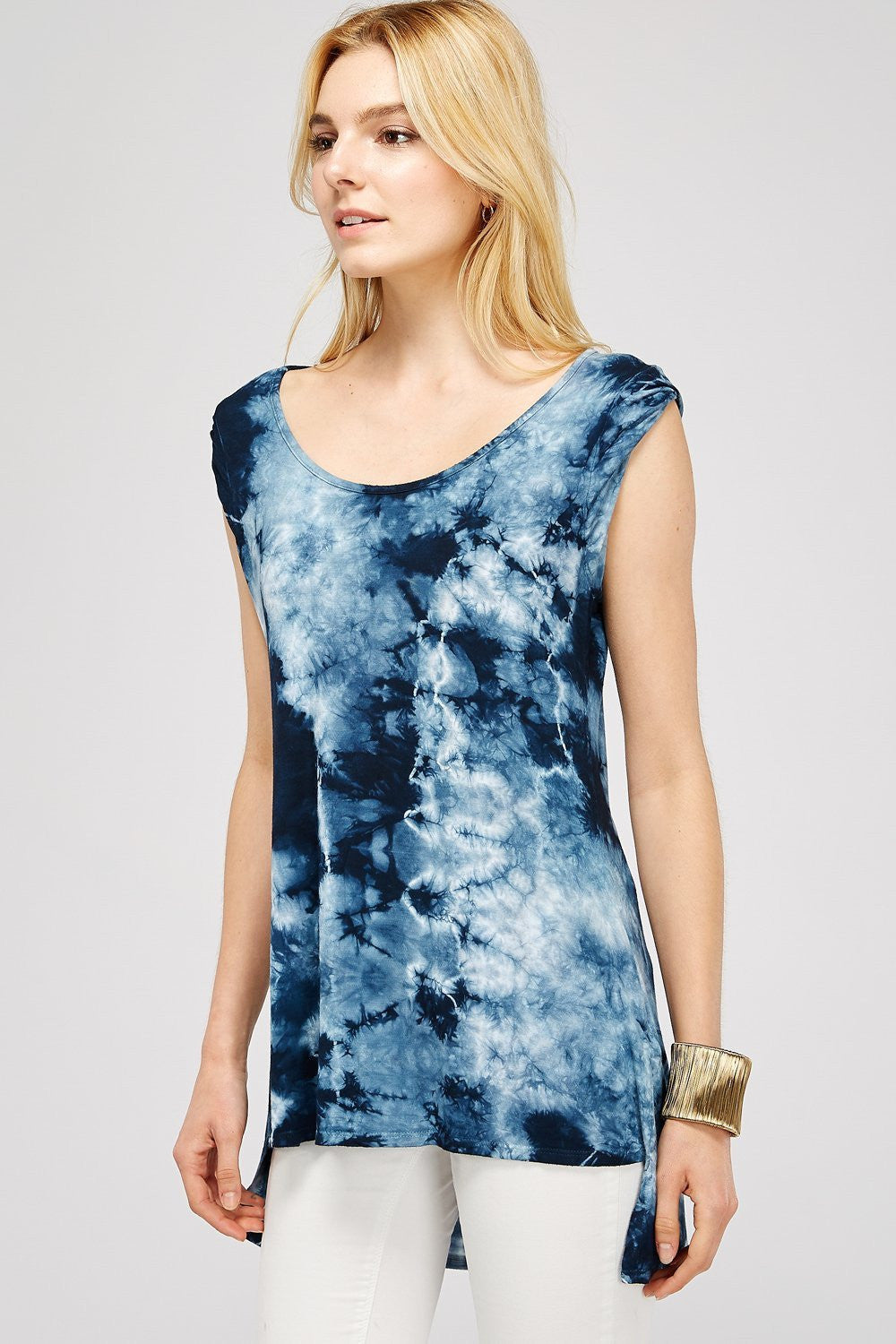 Women's Tunic Tops - Navy & White Crystal Tie Dye Scuffed Sleeve