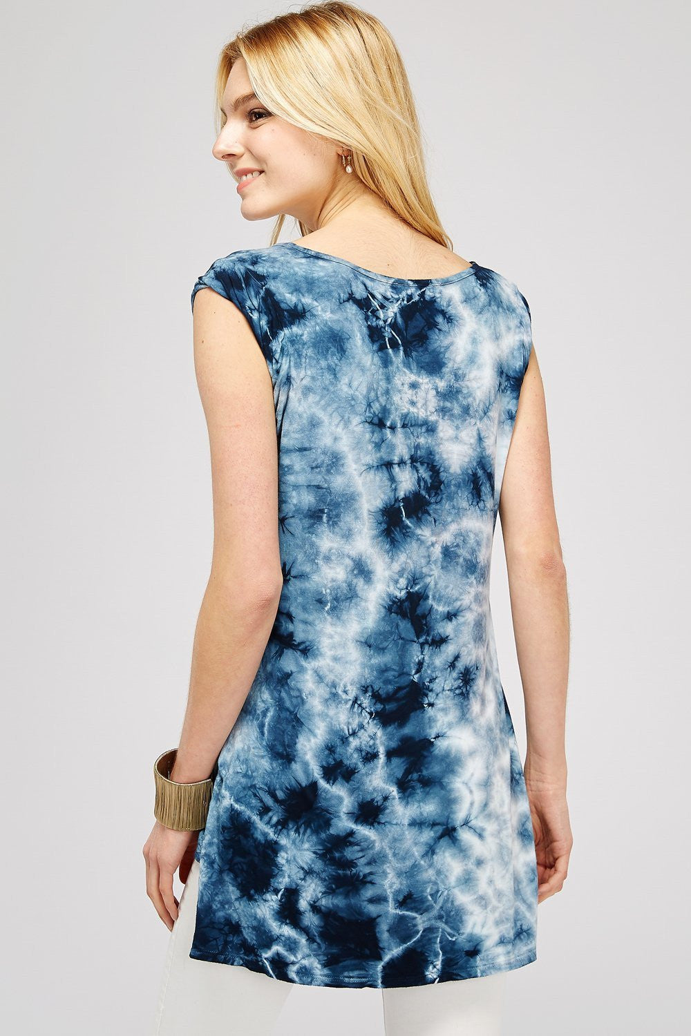 Women's Tunic Tops - Navy & White Crystal Tie Dye Scuffed Sleeve
