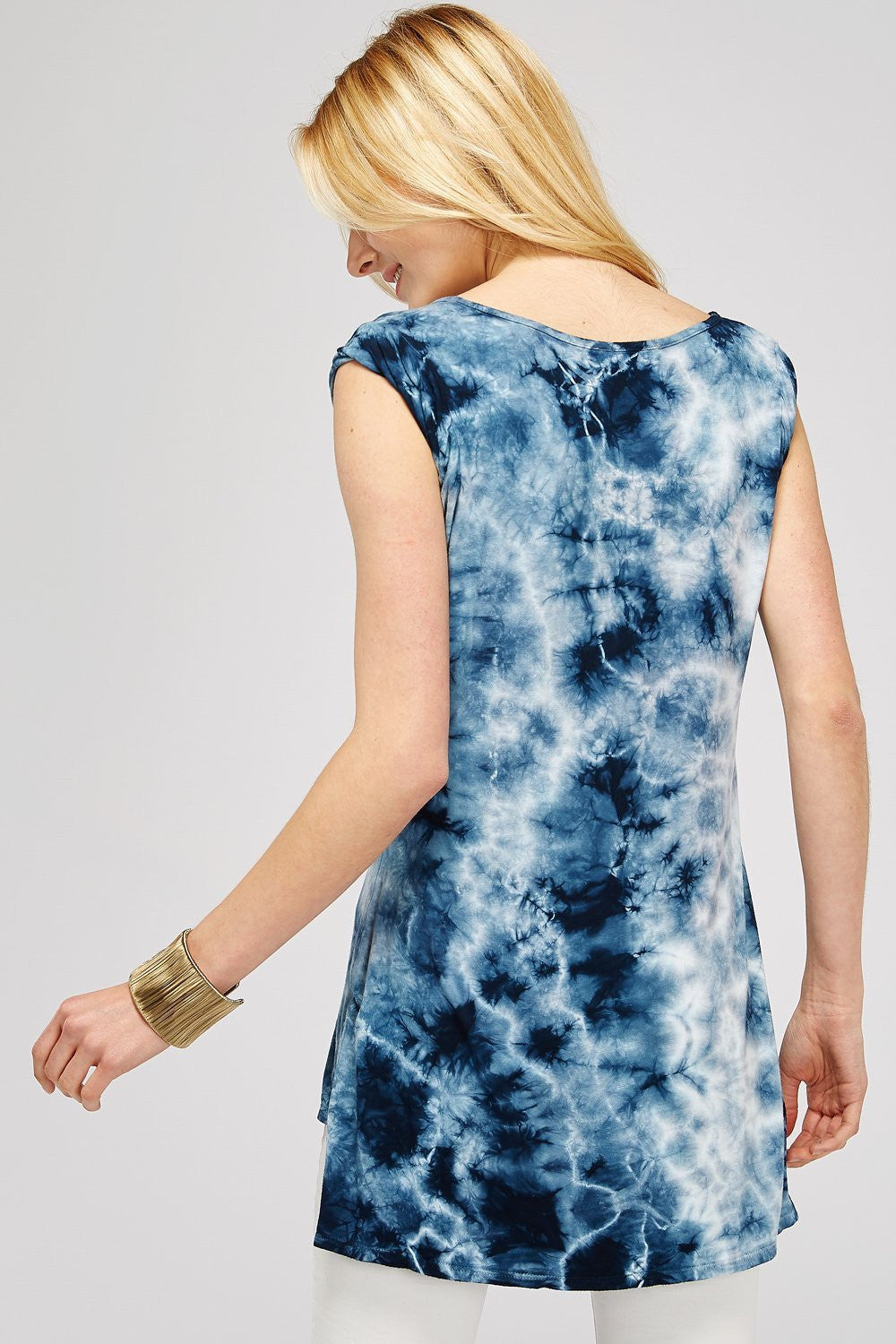Women's Tunic Tops - Navy & White Crystal Tie Dye Scuffed Sleeve
