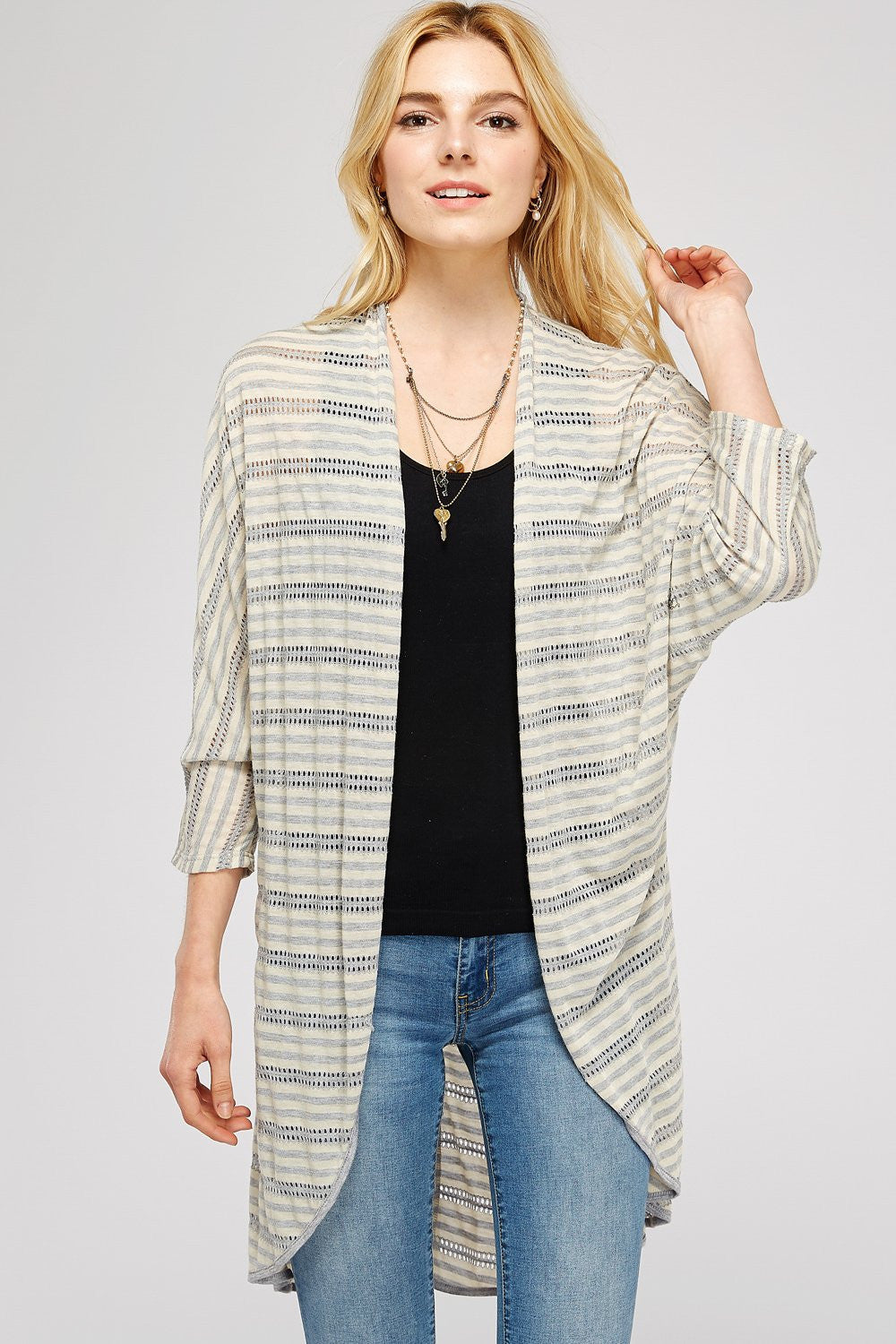 Grey & Beige Stripe Sheer Cardigan Wrap