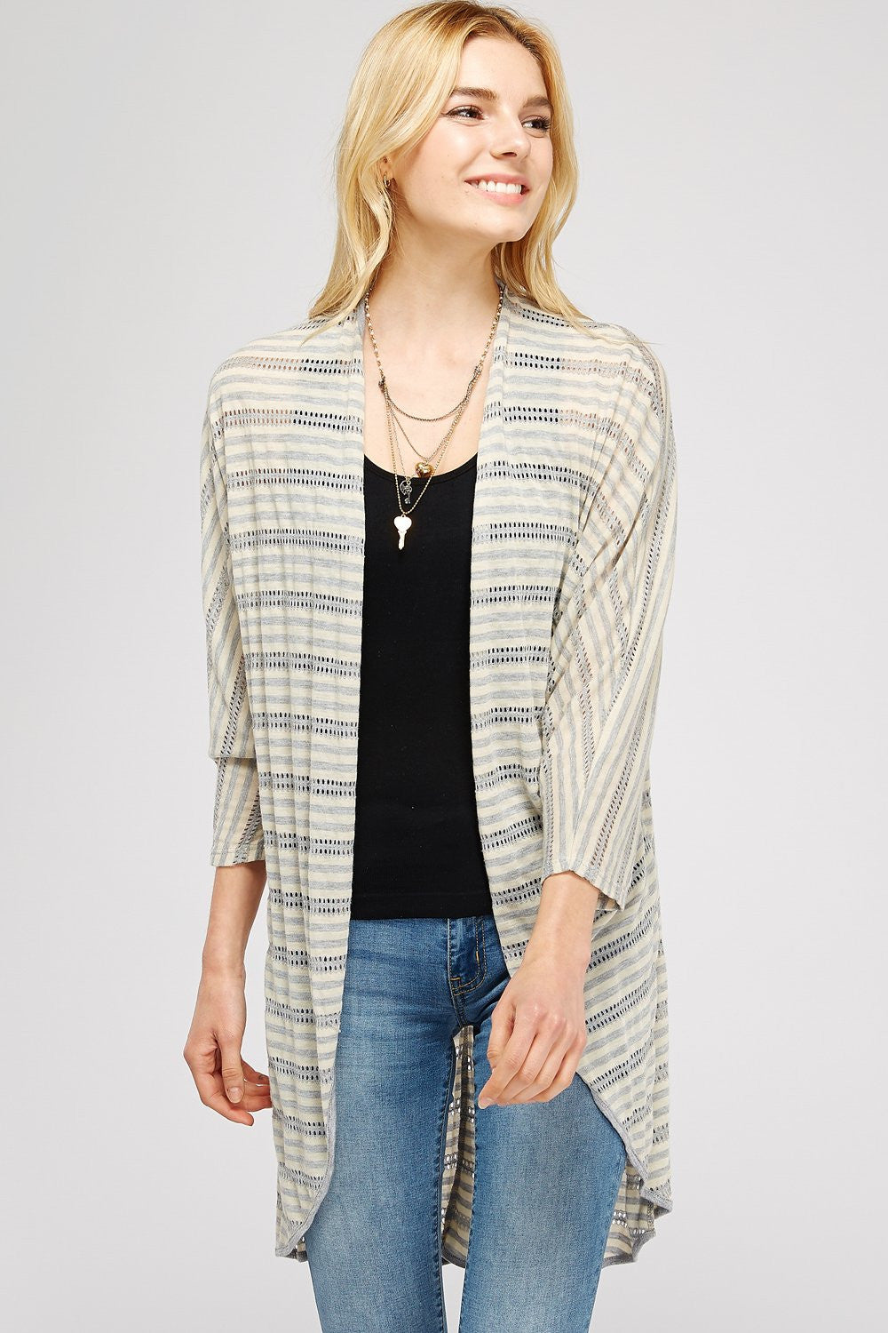Grey & Beige Stripe Sheer Cardigan Wrap