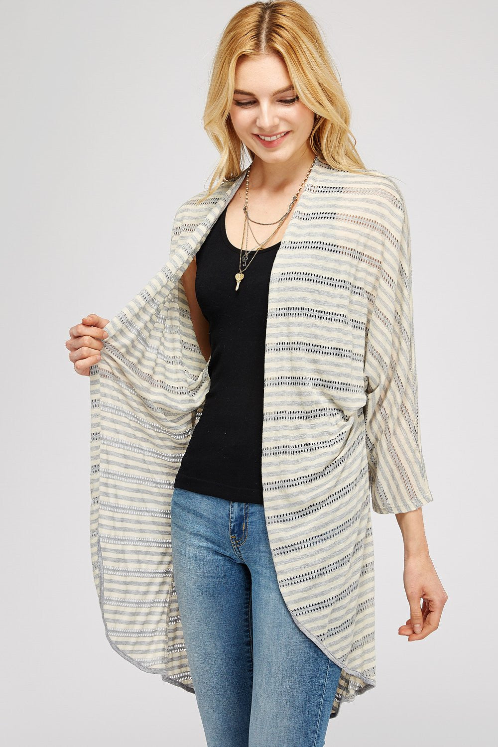 Grey & Beige Stripe Sheer Cardigan Wrap