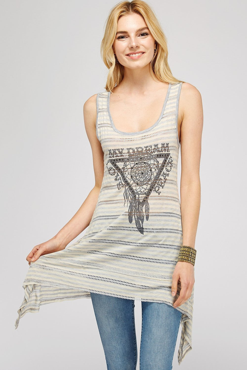 Women Tops - Grey U-neck Perforated Two Tone Stripe Tunic Tank Top