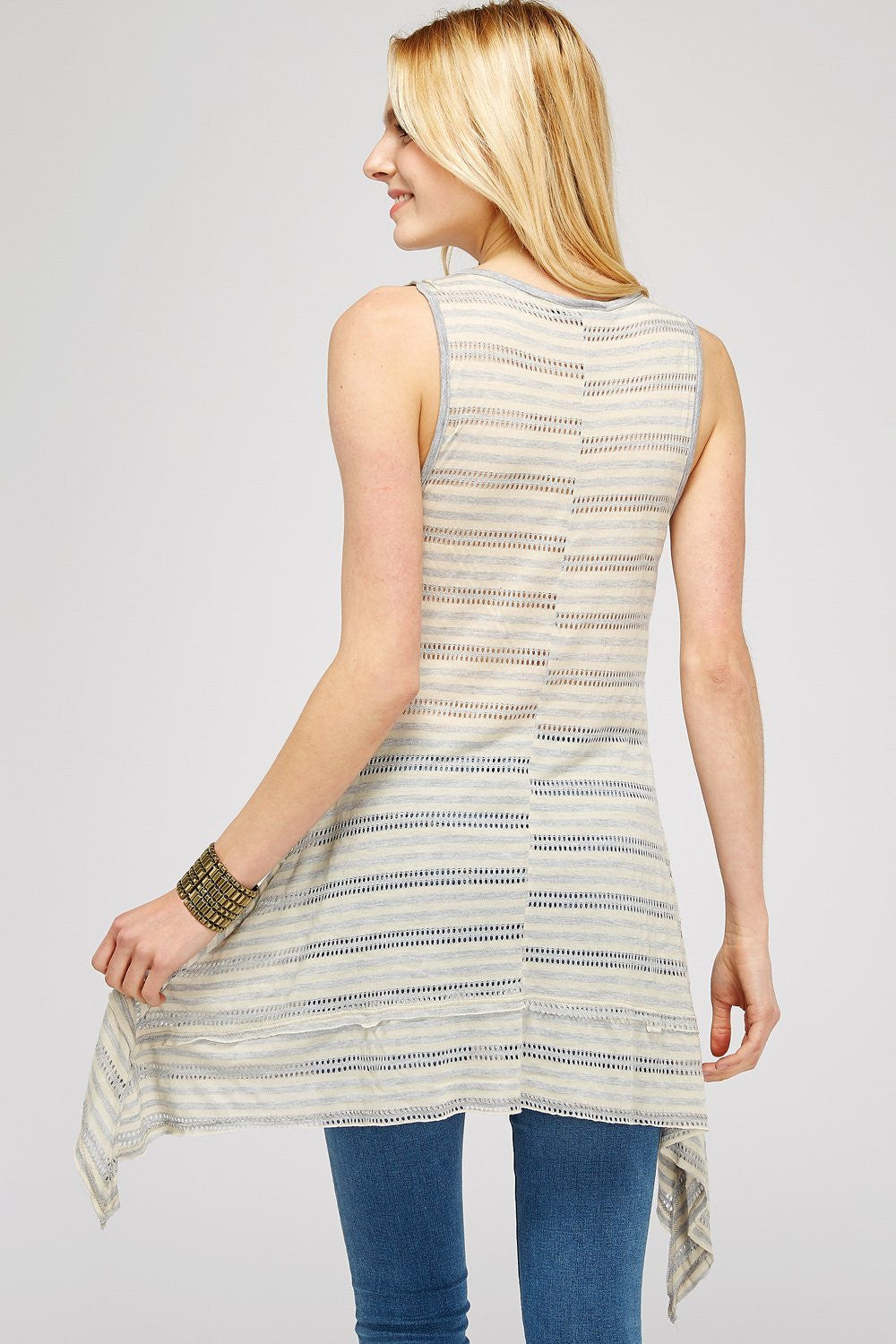 Women Tops - Grey U-neck Perforated Two Tone Stripe Tunic Tank Top