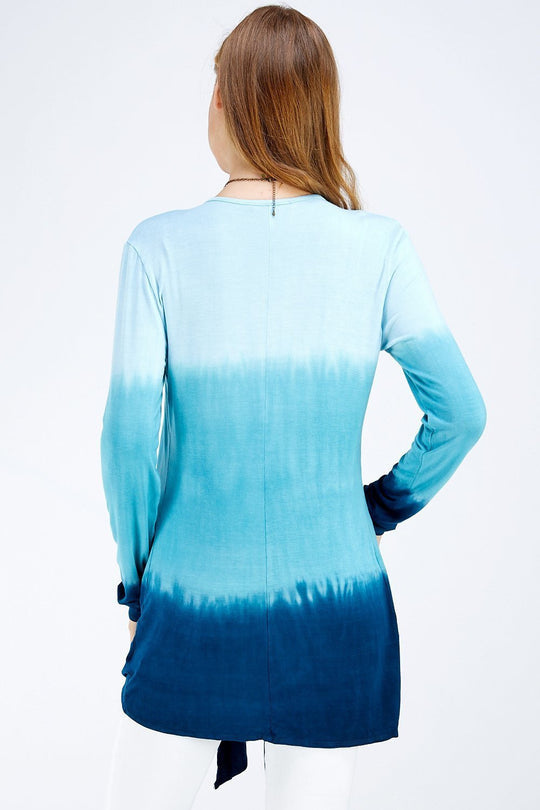 Ocean Blue Three Tone Ombre Tie Dye Long Sleeve A-line Cardigan/Shark Bite Hems