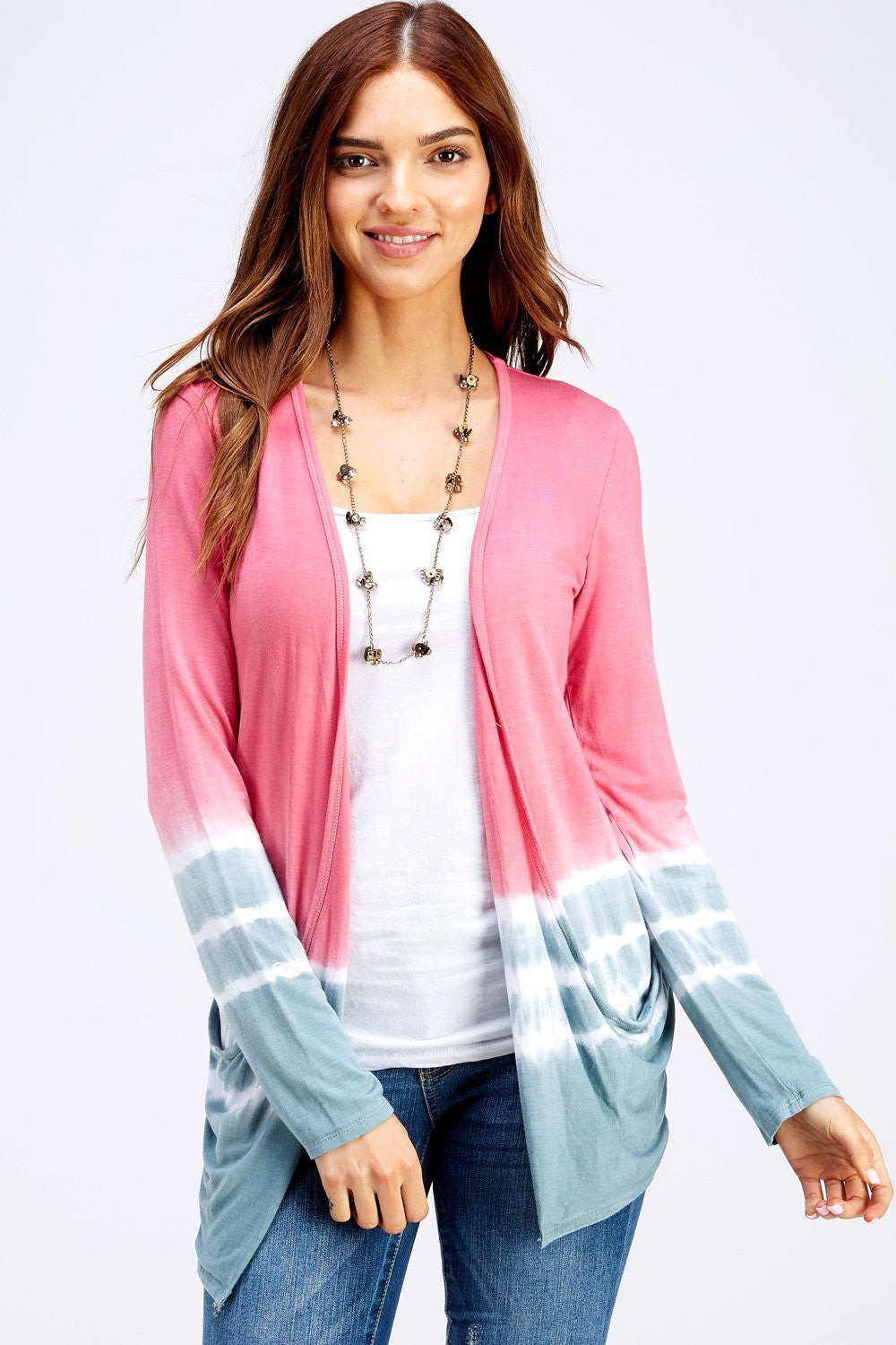 Outwear Pink&Gray Striped Two Tone Dip Tie Dye Long Sleeve A-line/Flap Pockets