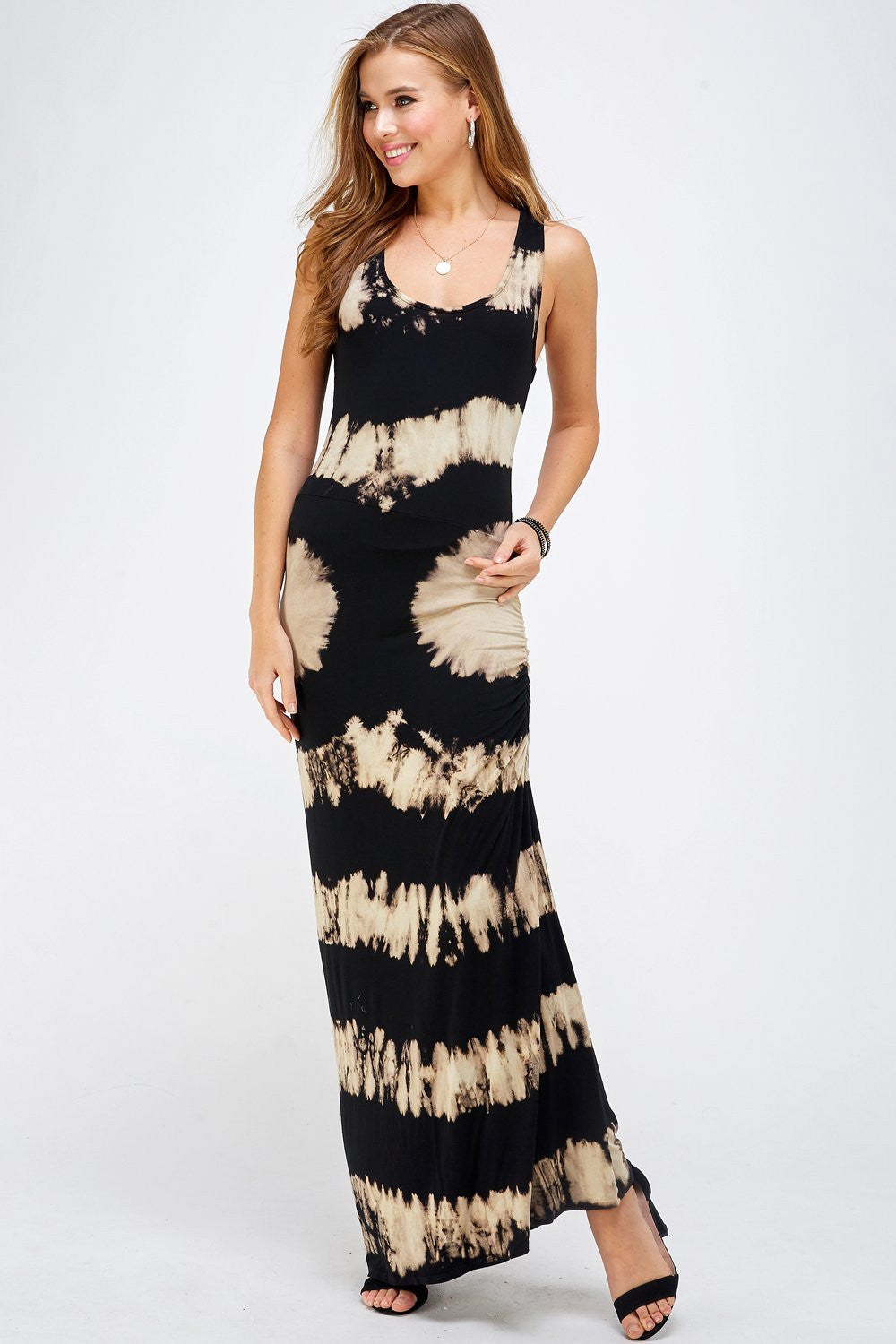 Black & Mocha Two Tone Tie Dye U-neck Racer Back Maxi Dress for Women
