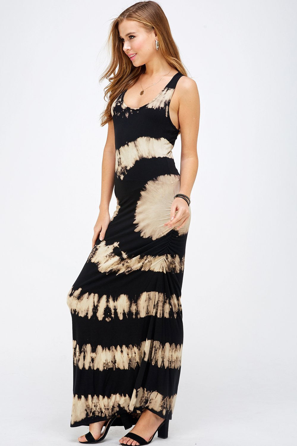 Black & Mocha Two Tone Tie Dye U-neck Racer Back Maxi Dress for Women