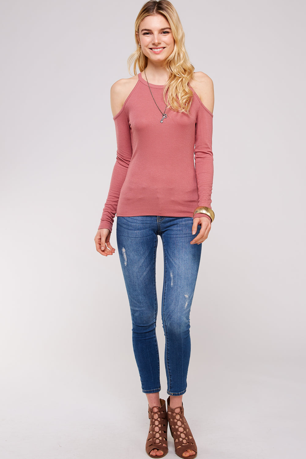 Soft Ribbed Cold Shoulder Mock Neck Fitted Long Sleeve Top