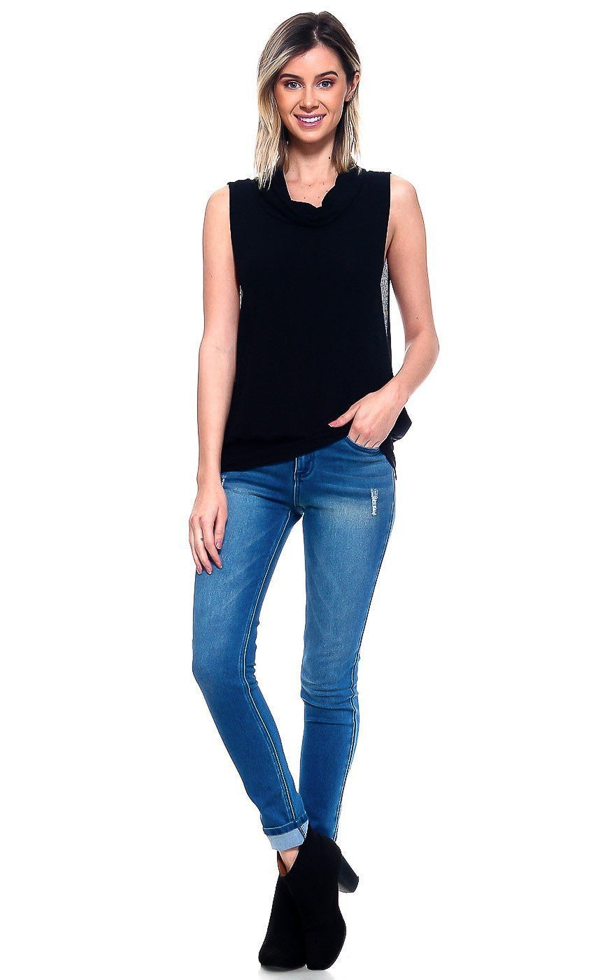 Cowl Turtle Neck Top w/ Banded Hem