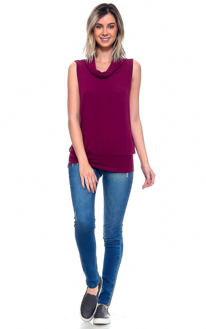 Cowl Turtle Neck Top w/ Banded Hem