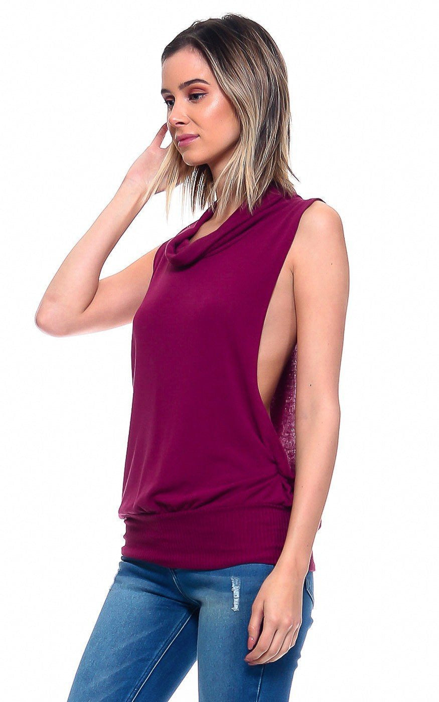 Cowl Turtle Neck Top w/ Banded Hem