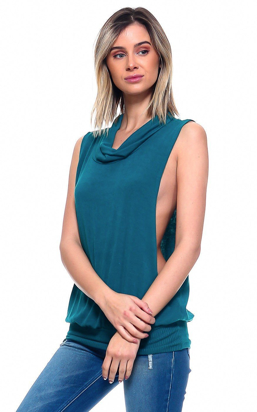 Cowl Turtle Neck Top w/ Banded Hem