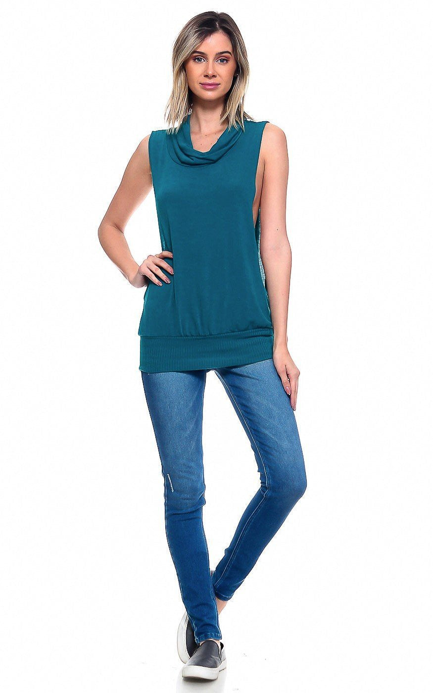 Cowl Turtle Neck Top w/ Banded Hem