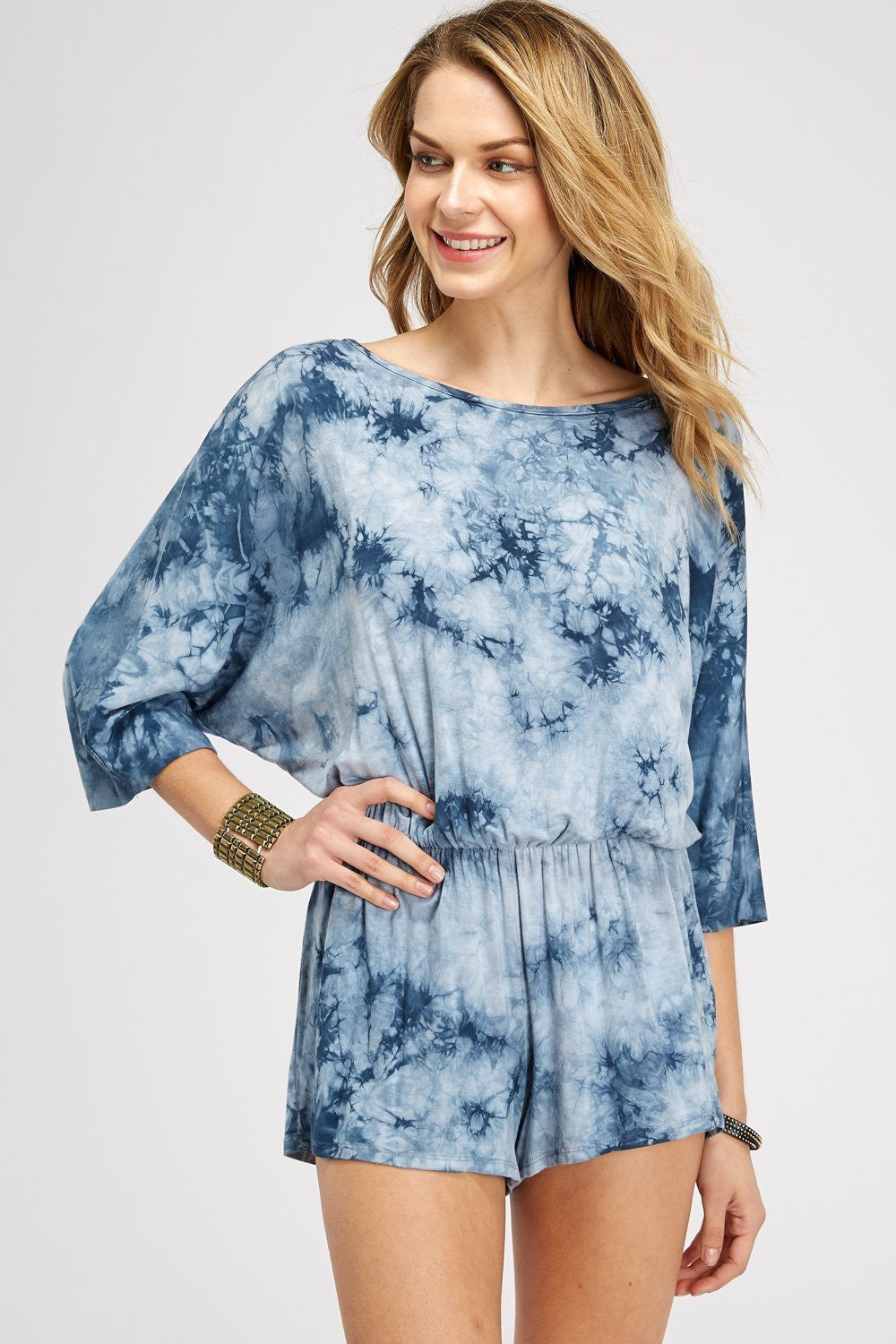 Cloud Blue Crystal Tie Dye 3/4 Sleeve Boat/Neck Romper