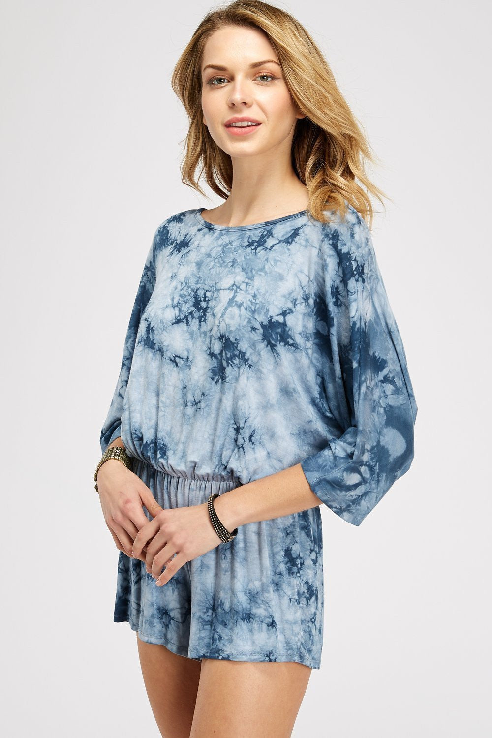 Cloud Blue Crystal Tie Dye 3/4 Sleeve Boat/Neck Romper