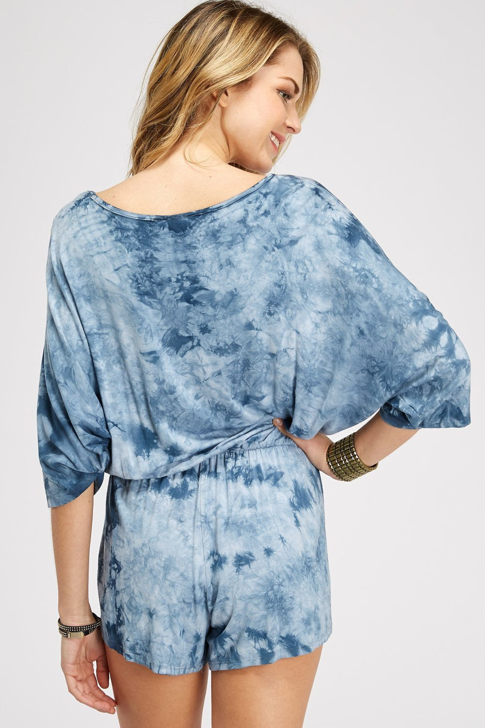 Cloud Blue Crystal Tie Dye 3/4 Sleeve Boat/Neck Romper