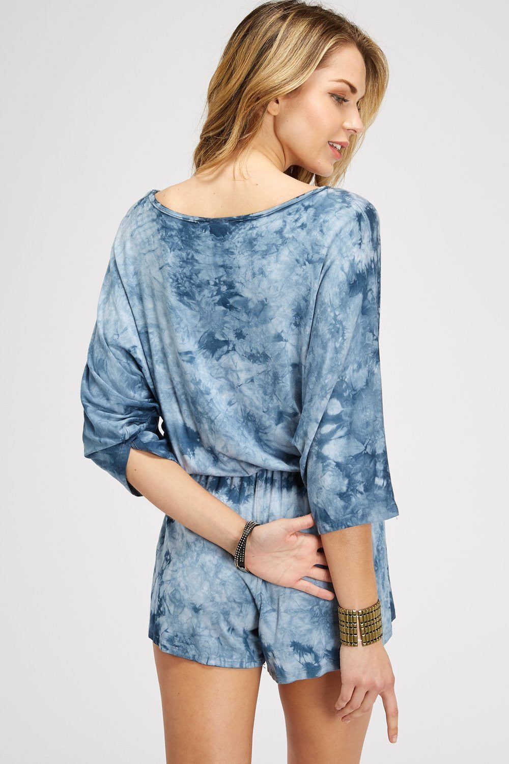 Cloud Blue Crystal Tie Dye 3/4 Sleeve Boat/Neck Romper