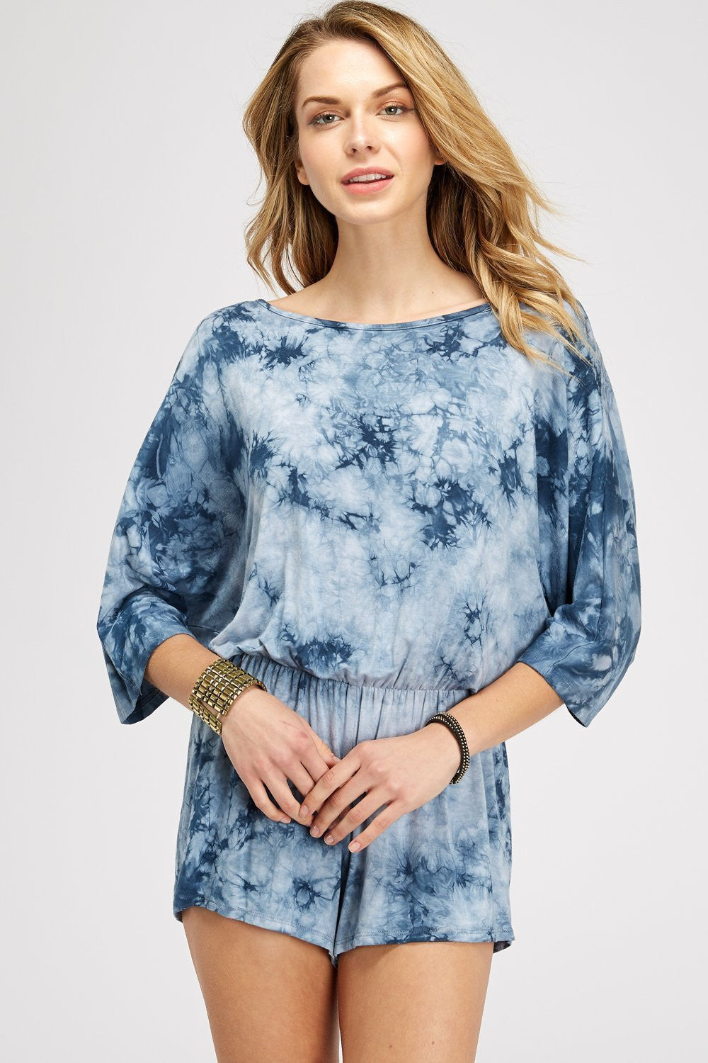 Cloud Blue Crystal Tie Dye 3/4 Sleeve Boat/Neck Romper
