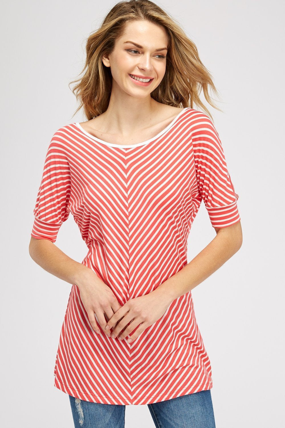 Striped Scoop Neck Half SBlouse With Ribbon Keyhole Back Detail And Banded Cuffs