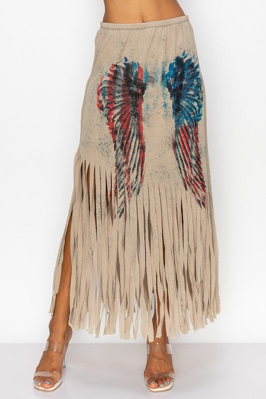 Sublimation Mocha Wing Print Fringe Skirt