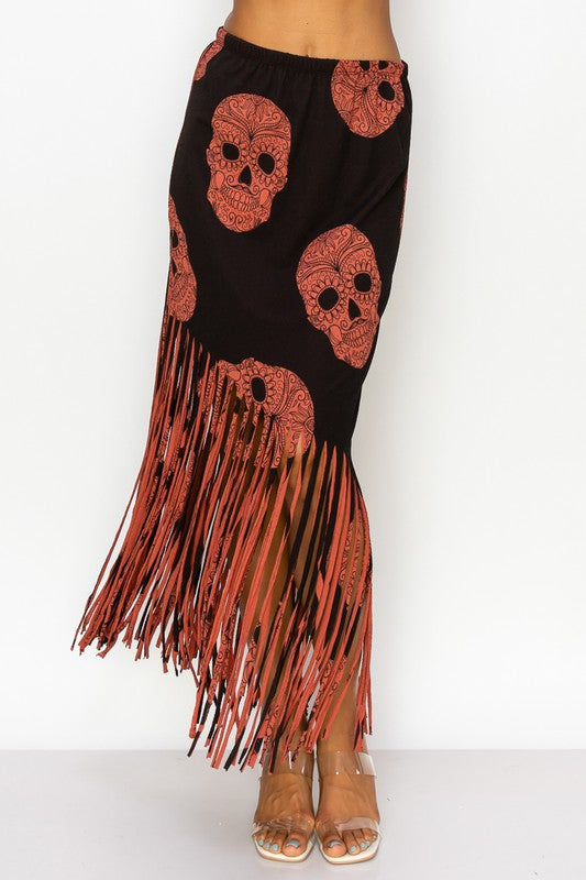 Women Fringe Skirt - Sublimation Red Black Skull Printed