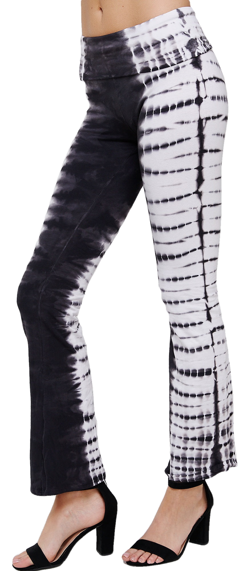 Tie Dye Print Yoga Pants - Women's Casual Fold Over Waistband Flared Leg Stretch