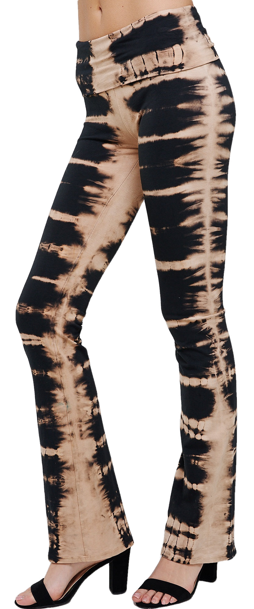 Fold Over Tie Dye Print Yoga Pants - Black and Mocha Skeletal Tie Dye