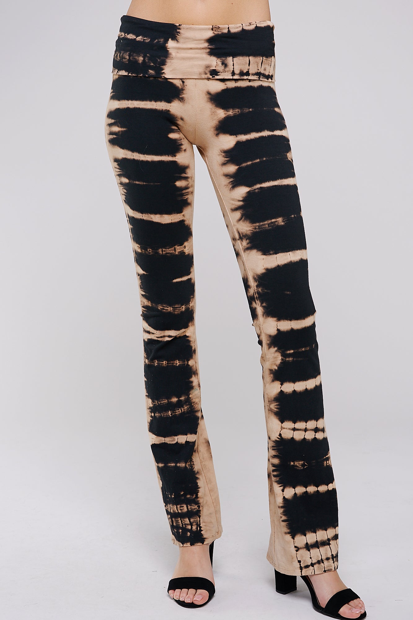 Fold Over Tie Dye Print Yoga Pants - Black and Mocha Skeletal Tie Dye