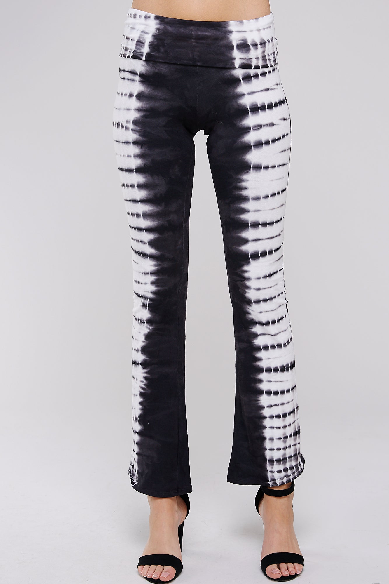 Tie Dye Print Yoga Pants - Women's Casual Fold Over Waistband Flared Leg Stretch