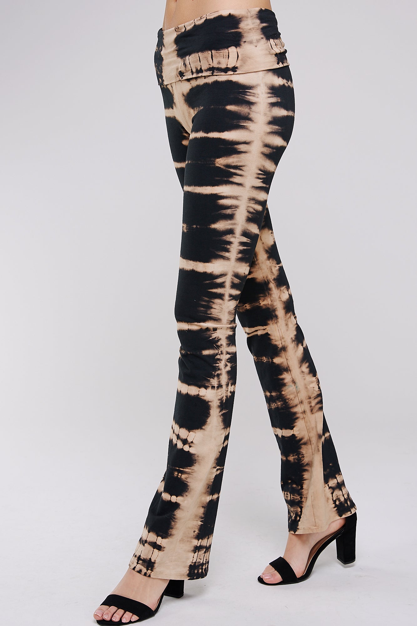 Fold Over Tie Dye Print Yoga Pants - Black and Mocha Skeletal Tie Dye