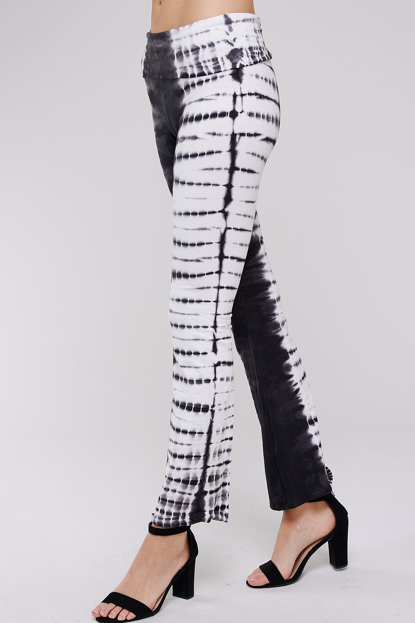 Tie Dye Print Yoga Pants - Women's Casual Fold Over Waistband Flared Leg Stretch